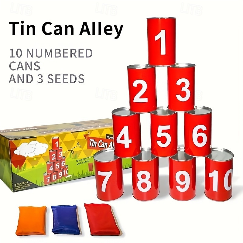13 Carnival Can Games Bean Bag Toss Carnival Games Including 10 Tin Cans And 3 Bean Bag Games Easter Outdoor Games Suitable for Family Gatherings Birthdays Indoor And Outdoor Activities4