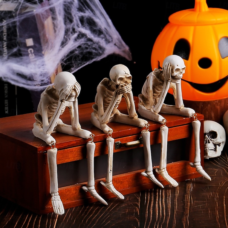 Halloween Resin Skeleton Figurine, See No Evil Hear No Evil Speak No Evil Skull Three Wise Skeleton Statue, Spooky Ghost Festival Decor, Horror Skeleton Craft Ornament
