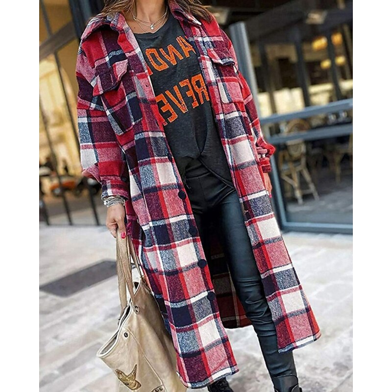 Women's Trench Coat Comfortable Buttons Pocket Modern Street Style Plaid Going out Casual Daily Single Breasted Long Turndown Regular Fit Long Sleeve Outerwear Red Rose Red Gray Fall Winter2