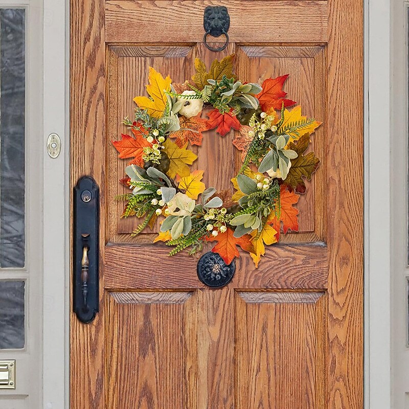Fall Wreath for Front Door Thanksgiving Harvest Indoor Outdoor Decoration, Green and White Pumpkin Vine Wreath, Autumn Harvest Season Hanging Door Decor3