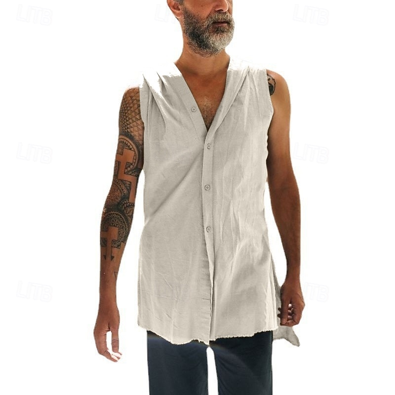 Men's Tank Top Vest Top Undershirt Sleeveless Shirt Sleeveless Hooded Summer Plain Fashion Designer Basic Buttons Vacation Street Going out Black Beige Top Tee for Men2