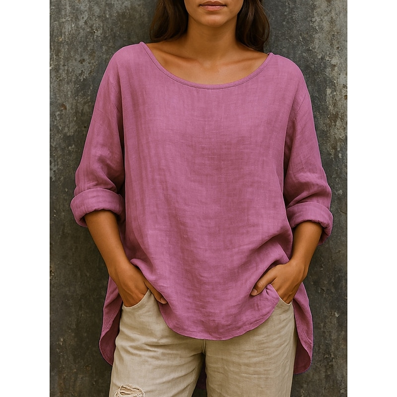 Women's Cotton Linen Shirts Solid Color Basic Casual Long Sleeve Crew Neck Regular Tops Daily Ruched Pink Sky Blue Green Khaki Fall3