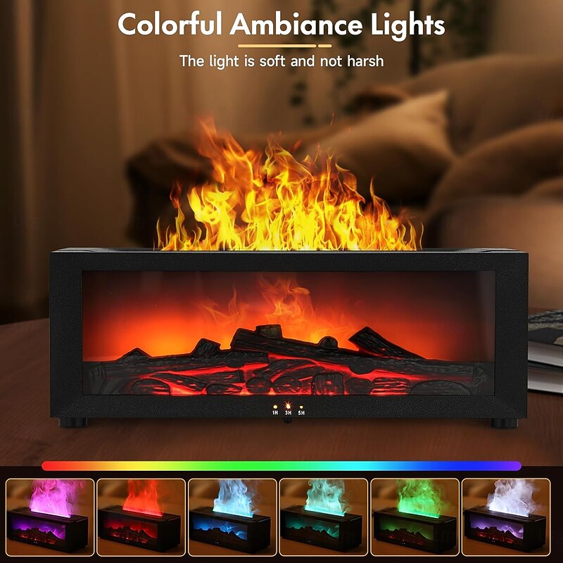 1 PC Retro Simulation Flame Fireplace Silent Humidifier Aromatherapy Machine Colorful Atmosphere Light Three level Timing Switch Remote Control Type-C Plug in