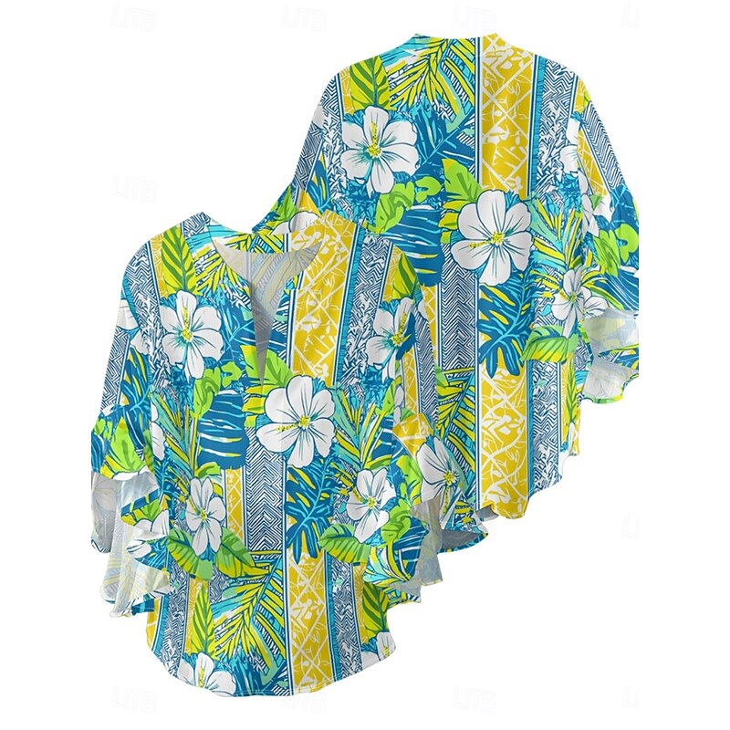 Women's Blouse Floral Stylish Modern 3/4 Length Sleeve V Neck Regular Tops Daily Holiday Ruffle Print Royal Blue Blue Green Summer4