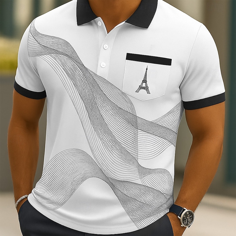 Men's Geometic Line Polo Short Sleeve Polo Shirts Collared Shirts Business Casual Outdoor Athleisure Daily Wear Buttons Pocket 3D Print Summer Black Blue