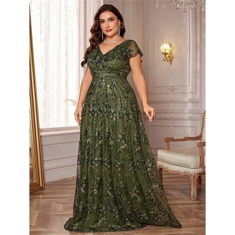 A-Line Plus Size Dresses Elegant Curve Dress Formal Wedding Floor Length Short Sleeve V Neck Polyester V Back with Sequin2