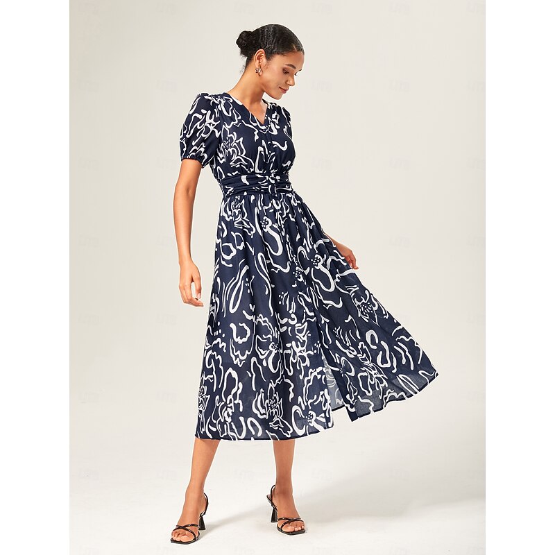 Women's Abstract Art Print Linen-Like Fabric Waist-Cinching Maxi Dress4