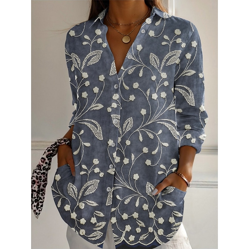 Women's Shirt Floral Active Daily Stylish Long Sleeve Shirt Collar Regular Tops Daily Holiday Buttons Print Gray Spring Fall