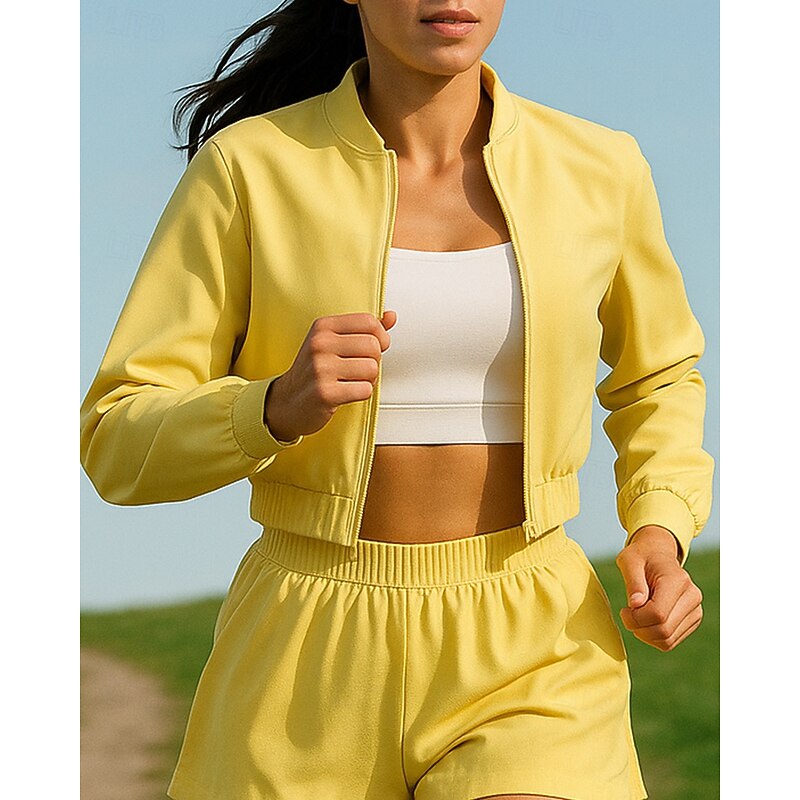 Women's Running Jacket Outdoor Jacket Full Zip Long Sleeve Outerwear Athletic Solid Colored Sun Protection Lightweight UV Cooling Tennis Golf Running Sportswear Activewear White Yellow