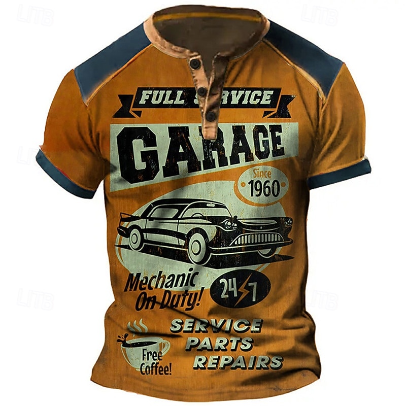 Men's Graphic Car Henley Shirt Short Sleeve 3D Print Fashion Designer Comfortable Outdoor Daily Summer Red Blue Sky Blue Purple Orange Henley Henley T-Shirt2