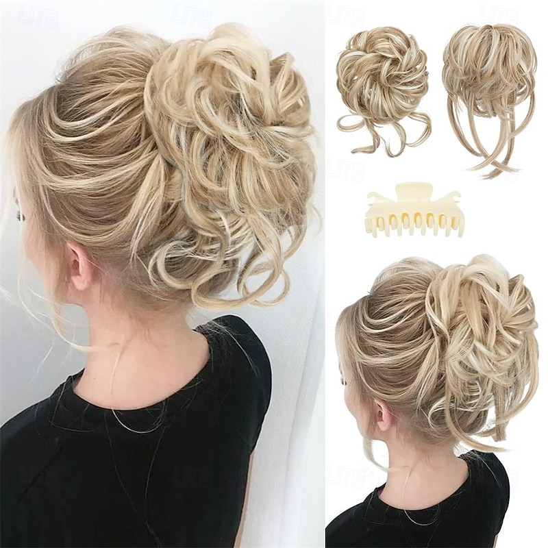 2PCS Messy Bun Hair Pieces for Women Detachable Claw Clip Wavy Curly Synthetic Hairpieces for Updos with Tendrils Fake Scrunchies Ponytail Extension Sunny Blonde
