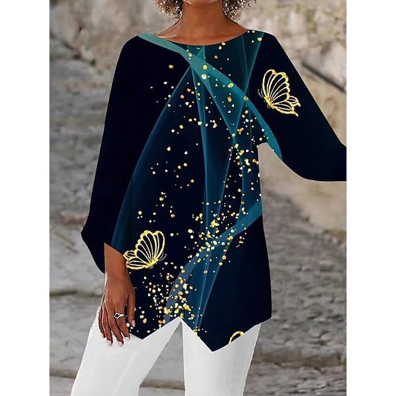 Women's Blouse Butterfly Daily Stylish Long Sleeve Crew Neck Regular Tops Daily Holiday Print Asymmetric Hem Navy Blue Summer Spring