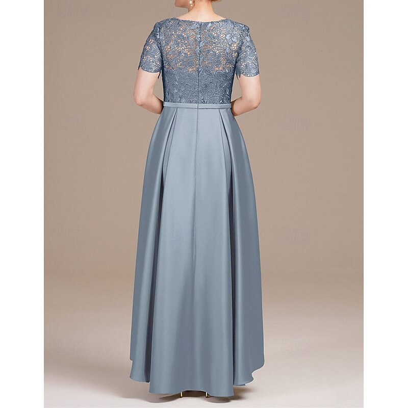 A-Line Mother of the Bride High-low Dress Elegant Simple Minimalist Boat Neck Floor Length Satin Short Sleeve with Floral Lace4