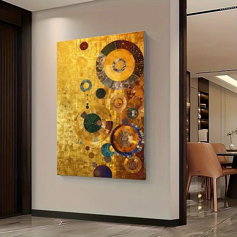 Large Frameless Gold Circle Abstract Canvas Wall Art - Modern Geometric Painting Gold Blue Green and Multicolor for Living Room and Bedroom Decor Large Canvas Wall Art3