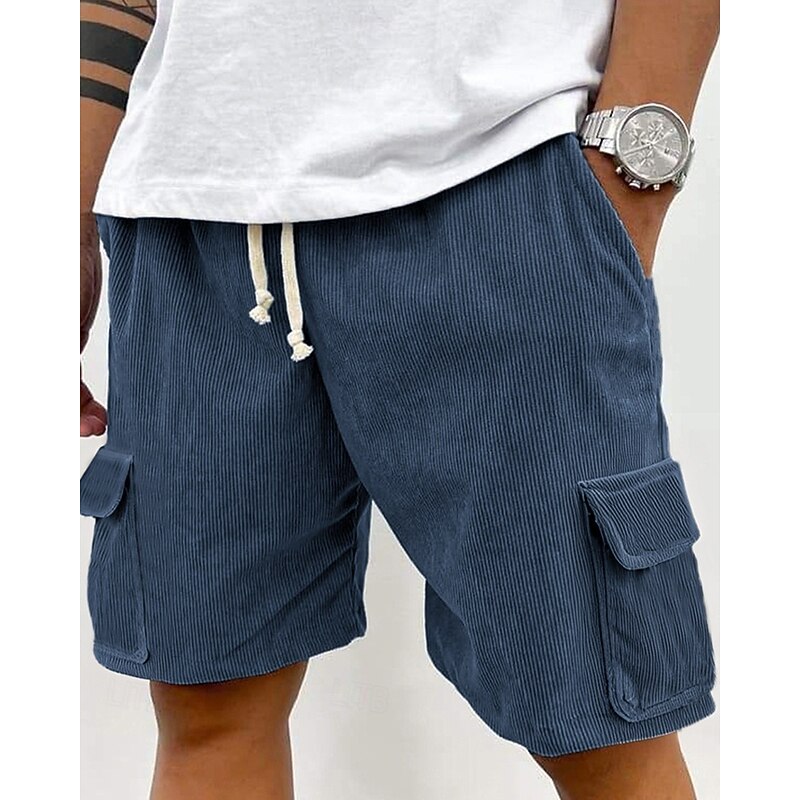 Men's Cargo Shorts Shorts Summer Shorts Corduroy Shorts Drawstring Elastic Waist Multi Pocket Plain Comfort Wearable Knee Length Outdoor Sport Daily Fashion Casual Black Light Green2