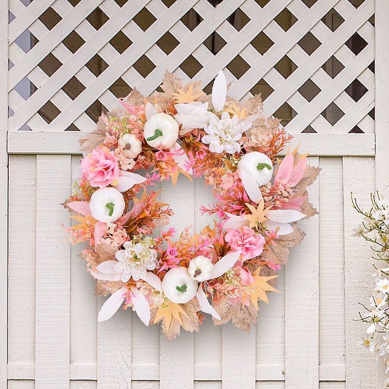 Fall Pink Wreath for Front Door Thanksgiving Autumn Harvest Indoor Outdoor Decoration, Pink and White Pumpkin Artificial Grapevine Wreath Window Hanging Decor