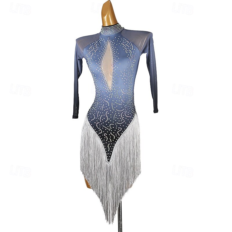 Latin Dance Dress Tassel Splicing Crystals / Rhinestones Women's Performance Training Long Sleeve Chinlon Mesh Spandex4