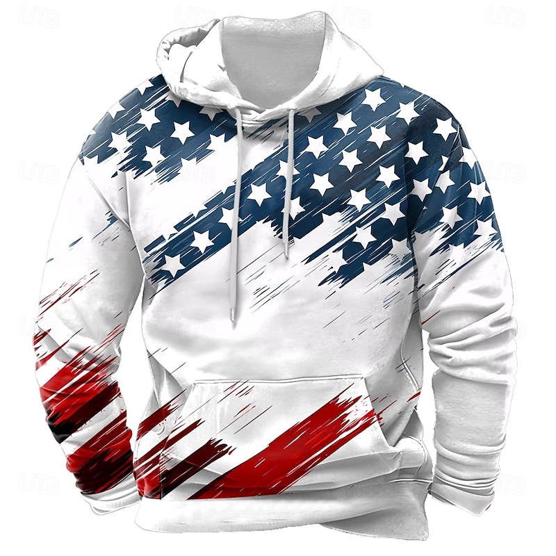 Independence Day Men's American US Flag Hoodies Sweatshirt Casual Long Sleeve Crew Neck Holiday Hunting White 1 White Drawstring Graphic Fall Winter Designer