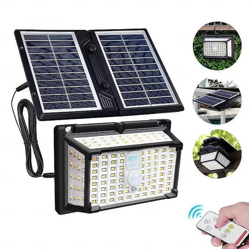 190LED Solar Lights Outdoor Portable Motion Sensor Solar Lights 3 modes Clip On Floodlights Double Solar Panel Security Lights Garden  1PC