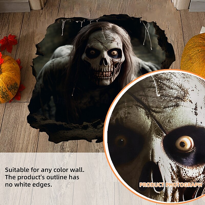 Halloween Floor & Wall Decal Sticker 3D Breakthrough Long-Haired Skeleton Design, Scary Self-Adhesive Wall and Floor Decor for Halloween Party Atmosphere3