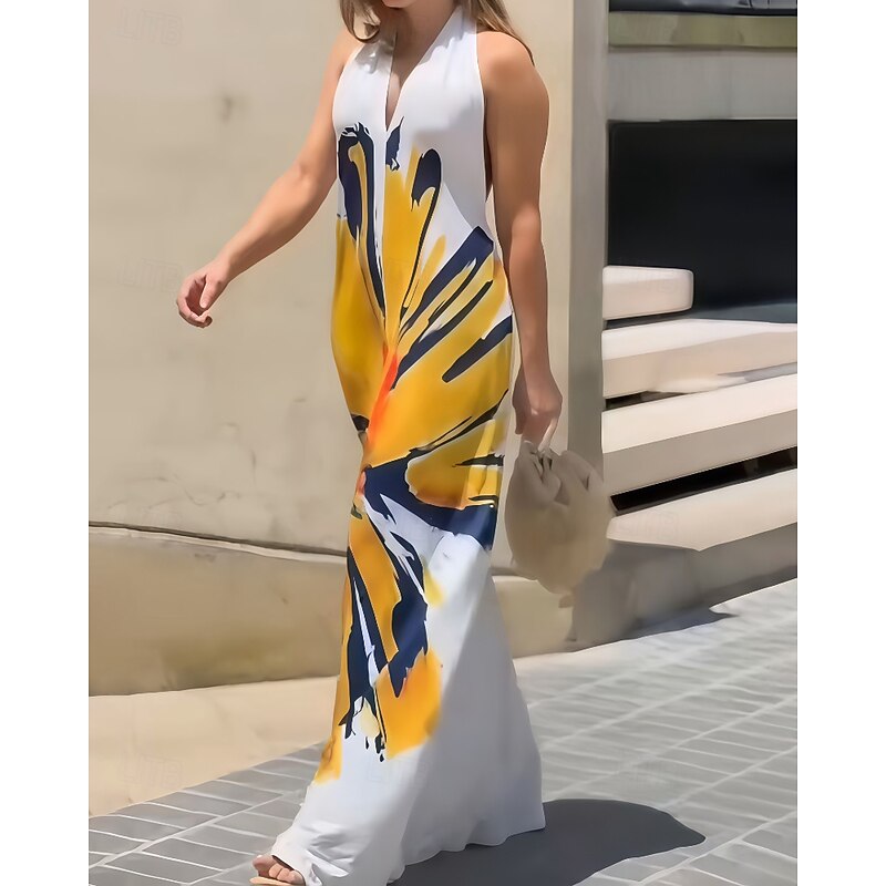 Women's Long Dress Maxi Dress Print Dress Classic Modern Outdoor Vacation Going out Regular Fit Flower Sleeveless Halter Neck White Summer2