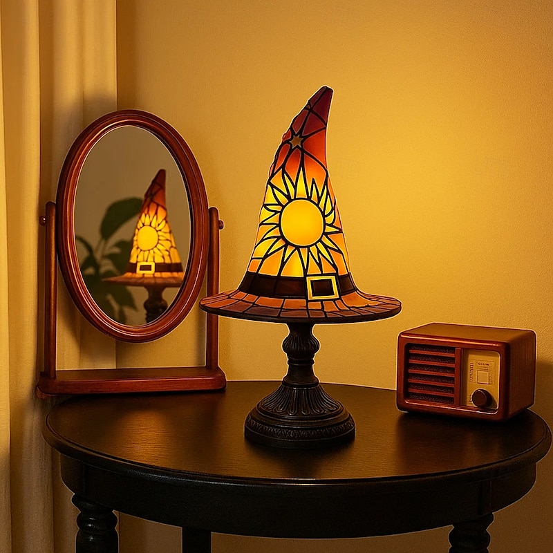 1 Pc Retro Resin Witch Hat Light Unique Indoor Bedside Table Bedroom Night Light Halloween Festival Atmosphere Decorative Light USB Plug in