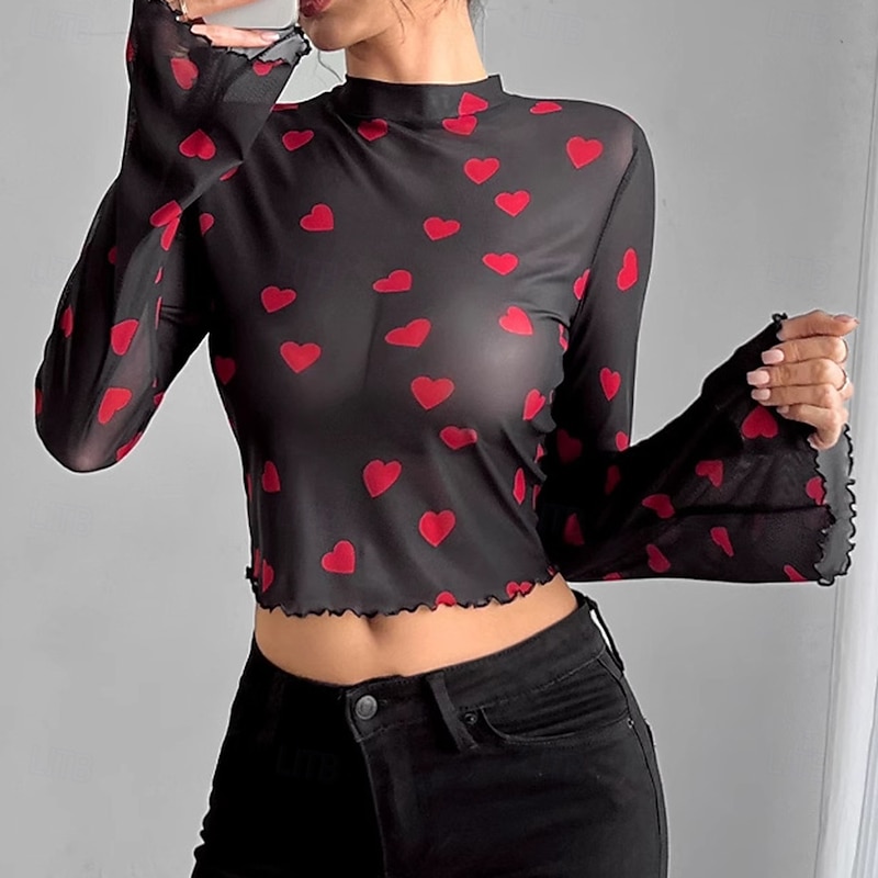 Women's Blouse Heart Daily Stylish Long Sleeve High Neck Crop Tops Daily Holiday Print Black Summer Spring
