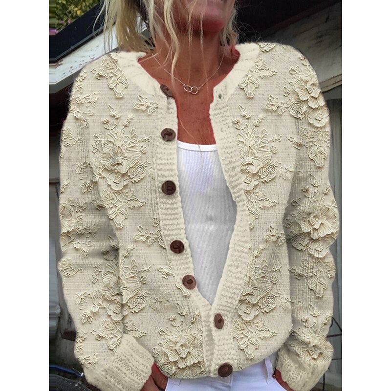 Women's Cardigan Sweater Knitted Ribbed Button Front Round Neck Long Sleeve Lightweight Elegant Fashion Streetwear Floral Crew Neck Print  Knit Outdoor Daily Weekend White Blue Fall Winter2