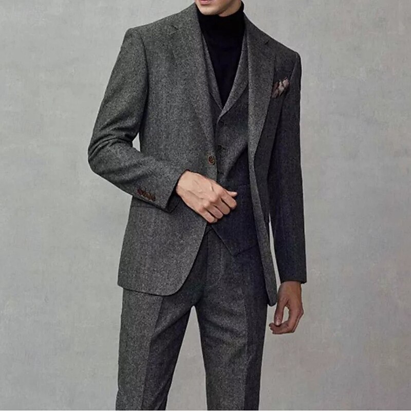 Men's Tweed Suits Wool Business Suits Dark Grey Formal Vintage Solid Colored Standard Fit 2 Piece Single Breasted Two-buttons2