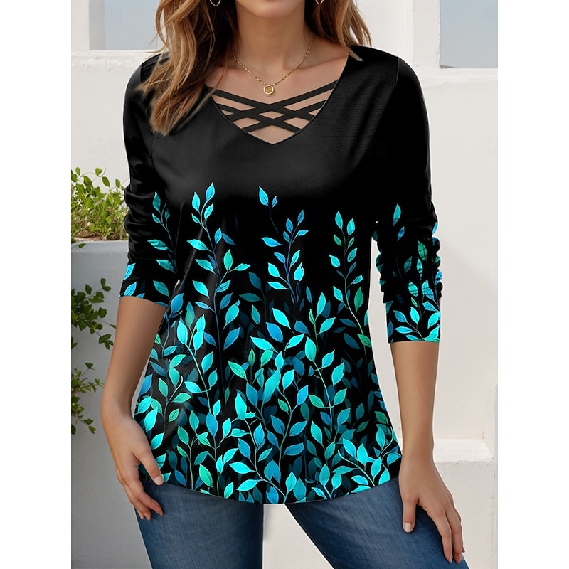 Women's T Shirt Floral Graphic Stylish Casual Long Sleeve V Neck Regular Tops Daily Cut Out Print Red Blue Purple Green Spring Fall