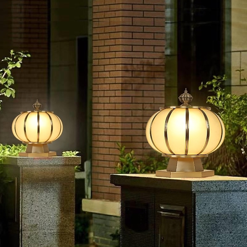 Classic Pure Copper Column Lights, Traditional Waterproof IP45 Garden Post Light Modern Fence Pillar Lamp with Glass Lampshade Outdoor External Patio Landscape Glass Post Lantern E26