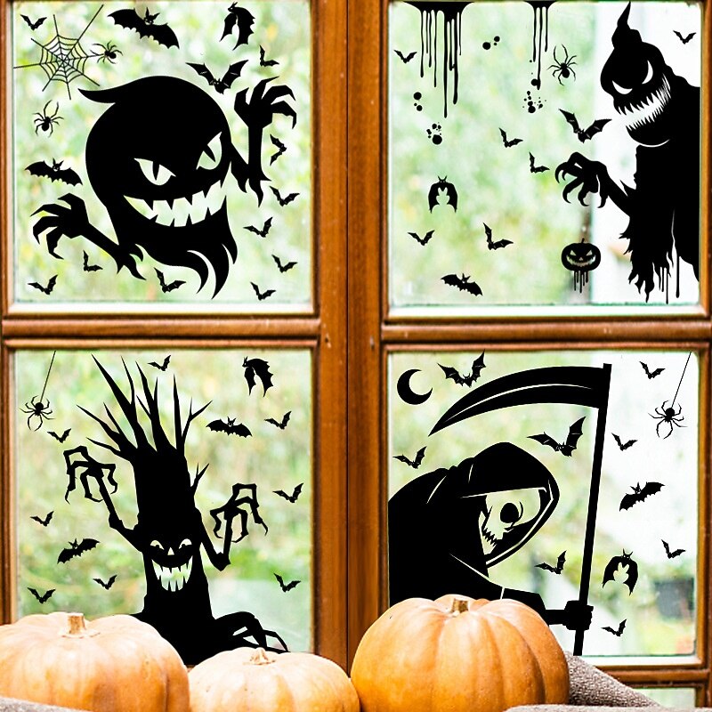 4 Sheets Halloween Window Cling Sticker Decals Decorations Double Side, Ghost Pumpkin Witch Grim Reaper Bat Skeleton Static Stickers for Halloween Party Supplies2