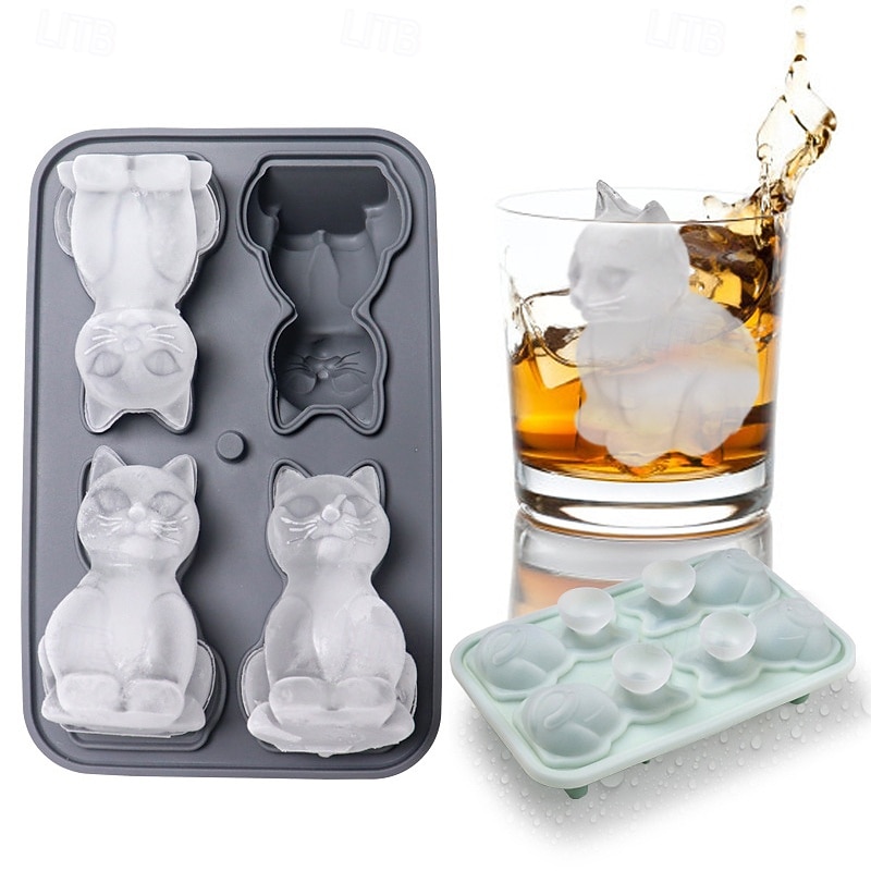 1pc Ice Cube Mold 2.4''/2.8'' Large 4 Cubes, French Bulldog,Cat, Ice Cube Tray with Lid, Fun and Cute Gifts for Whiskey, Cocktails and Bourbon with Easy Release