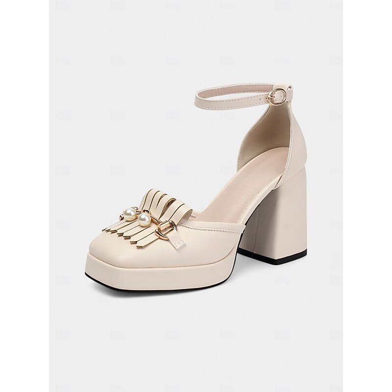 Women's 1950s Vintage Chunky Heel Platform Loafers – Cream Faux Leather Round Toe Pumps with Pearl Tassel and Ankle Strap for Weddings, Parties, and Formal Events4