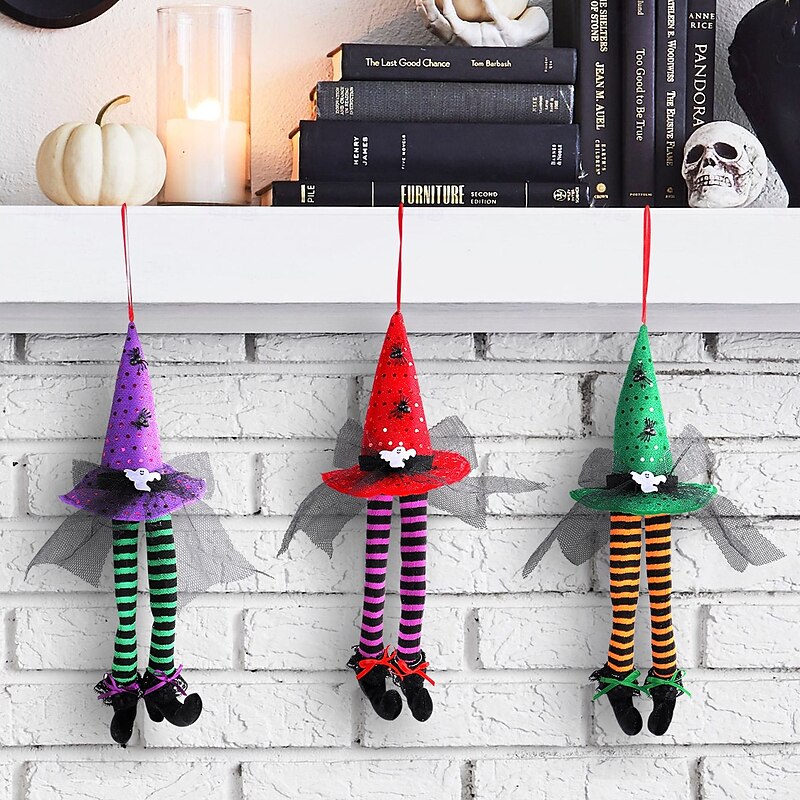 Halloween Witch Hanging Decoration, Striped Long Legs Window Display Prop, Spooky Bar Party Atmosphere Decor