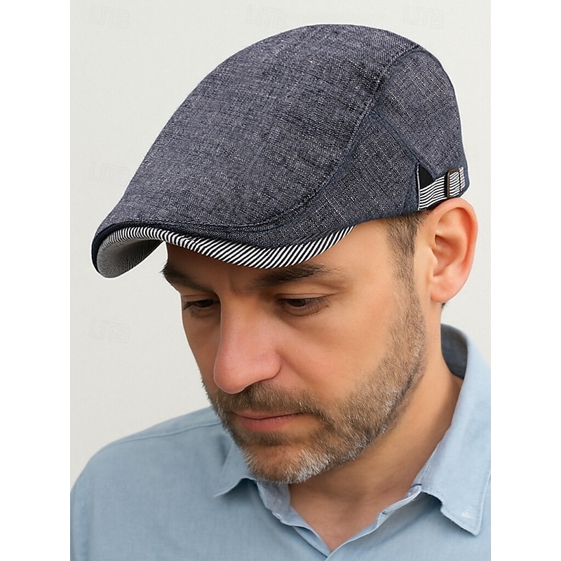 Men's Adjustable Linen Flat Cap, Lightweight Breathable Newsboy Hat with Stripe Detail, Vintage Ivy Cap Style for Casual Outings and Daily Wear