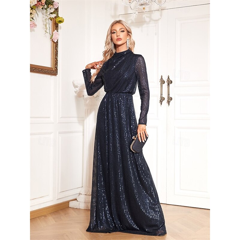 A-Line Stretch Sequin Mermaid / Trumpet Evening Gown Elegant Dress Formal Wedding Floor Length Long Sleeve High Neck Mock Neck with Drape3