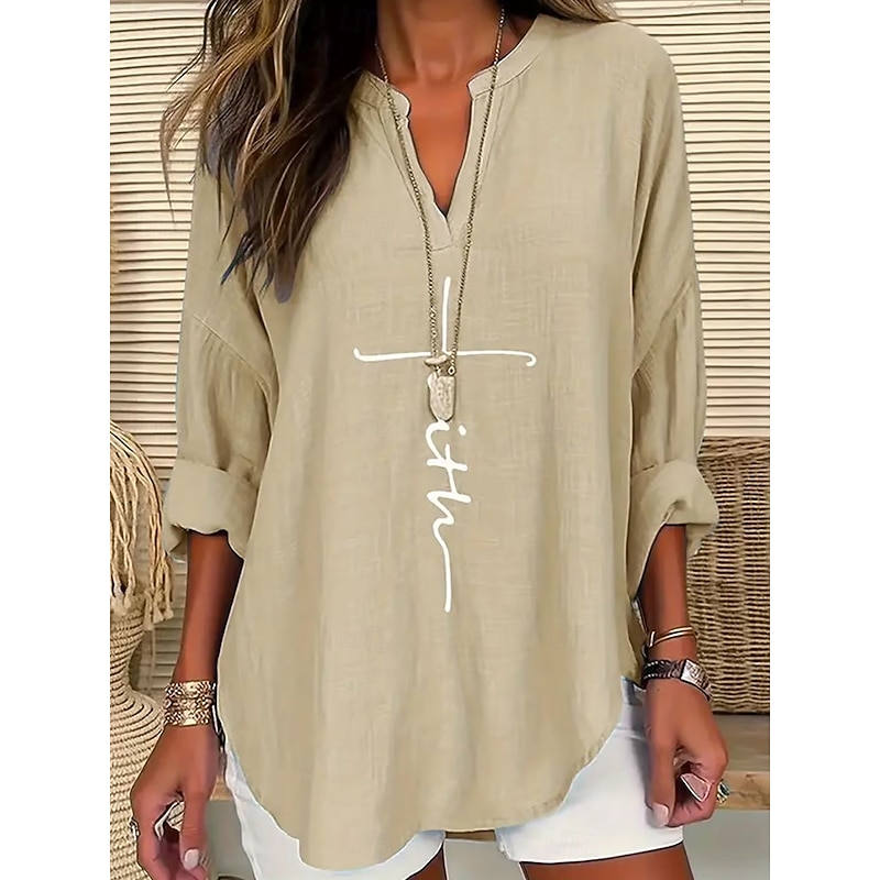 Women's Blouse Tunic V Neck Long Sleeve Boho Casual Tops Graphic Letter Elegant Vintage Tropical Regular Tops Daily Print Black Blue Purple Green Beige Fall