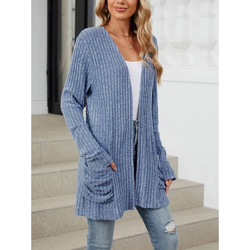 Women's Sweater Cardigan Elegant Fashion Streetwear Pure Color Open Front Pocket Knitted Long Sleeve Regular Tops Knit Outdoor Daily Weekend Pink Blue Fall Winter4