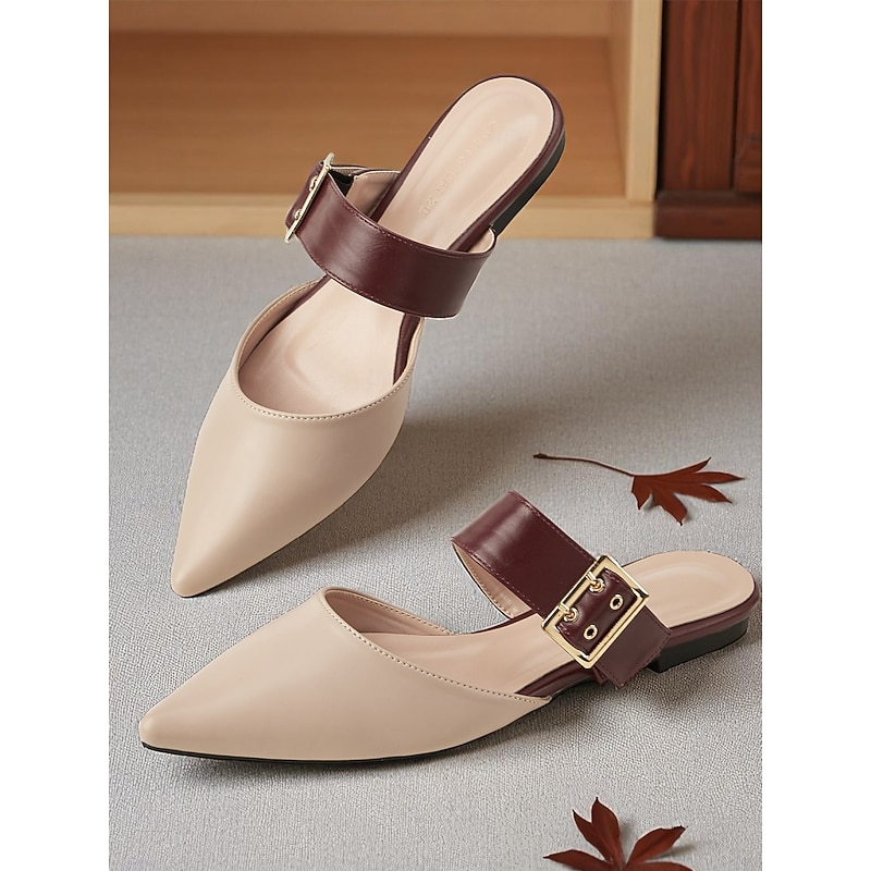 Women's Pointed Toe Slip-On Mules with Buckled Strap, Chic Two-Tone Flats for Casual Dates and Everyday Wear2