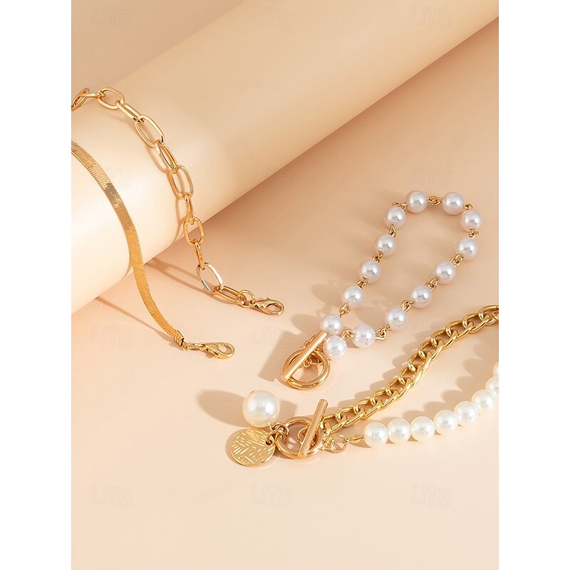 Women's Gold Chain and Pearl Bracelet Set, Fashion Toggle Clasp Jewelry, Elegant Layered Style for Girls and Women, Ideal for Parties Weddings,Office and Daily Wear3