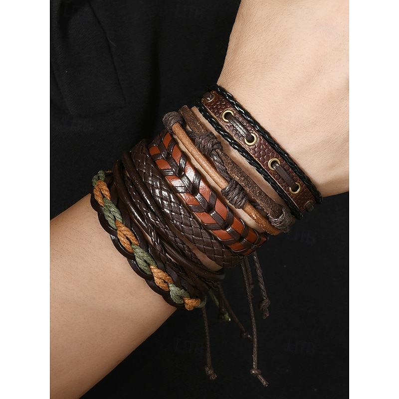 Men's Multi-Layer Leather Bracelet Set – Boho Woven Tribal Cuff Wristbands with Adjustable Fit for Casual Outfits and Music Festivals