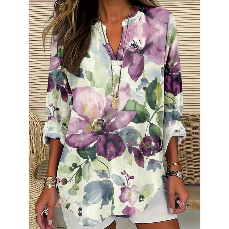 Women's Blouse Floral Stylish Modern Long Sleeve V Neck Regular Tops Daily Holiday Print White Blue Lavender Purple Green Summer