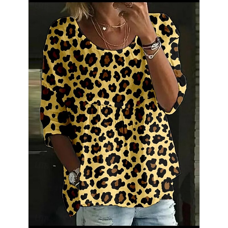 Women's Blouse Leopard Stylish 3/4 Length Sleeve Crew Neck Regular Tops Daily Holiday Print White Yellow Orange Brown Beige Summer3