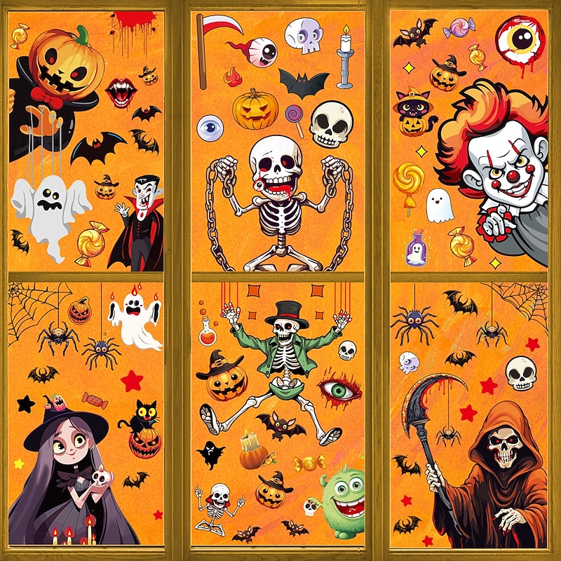 6 Sheets Halloween Window Cling Sticker Decals Decorations Double Side, Skeleton Witch Bat Pumpkin Spider Grim Reaper Static Stickers for Glass Wall Decor