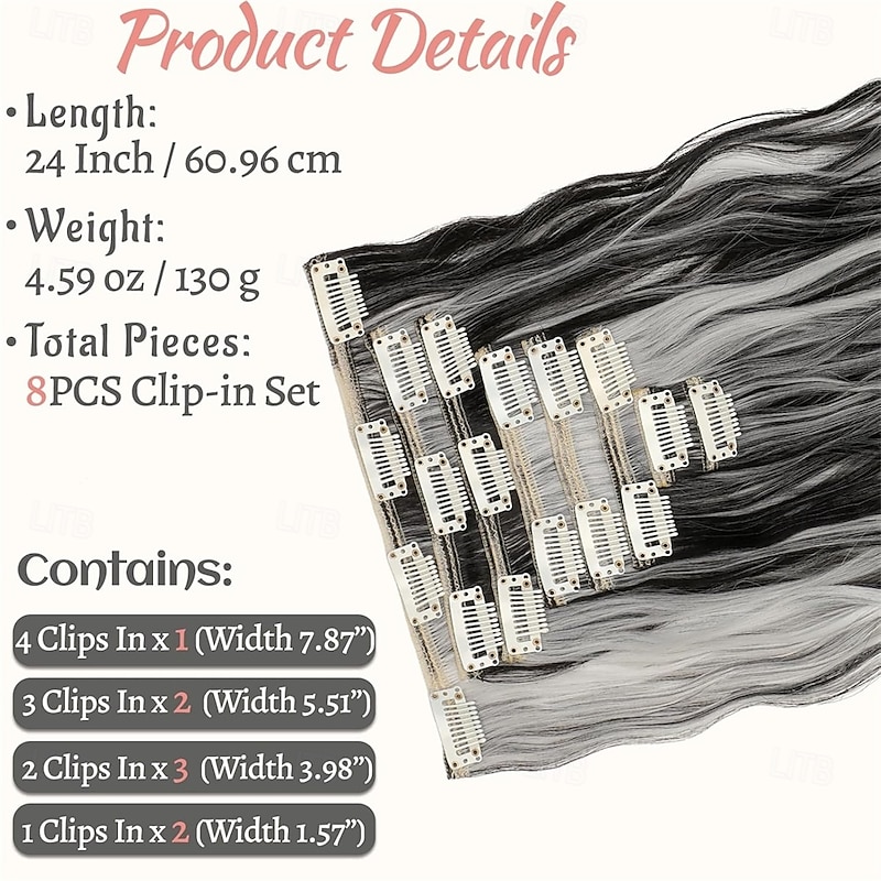 Clip in Hair Extensions 24 Inch 8PCS Natural Black Mix Silver Grey Long Wavy Synthetic Hair Extensions Clip ins Thick Double Weft Extensions for Women4