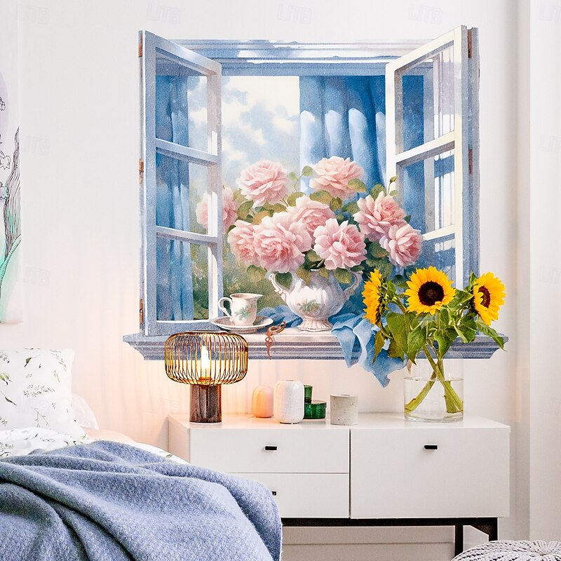 Wall Sticker Decal with Window Sill, Door Frame, Flowers and Butterfly Decor for Living Room and Bedroom Background Wall Decoration Sticker4