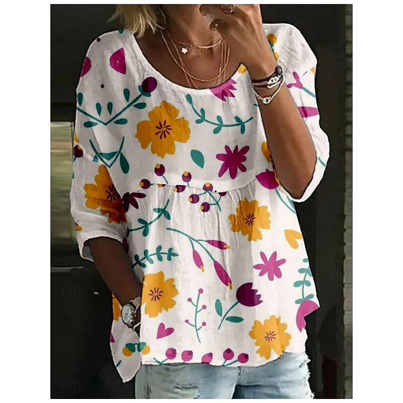 Women's Blouse Floral Stylish 3/4 Length Sleeve Crew Neck Regular Tops Daily Holiday Print White Pink Red Blue Purple Summer2