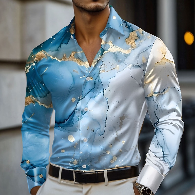 Men's Geometric Marble Abstract Art Satin Shirt Dress Shirt Long Sleeve Fashion Casual Vacation Holiday Summer Spring Fall Turndown 3D Print Button Up Shirts Yellow Blue Purple Brown