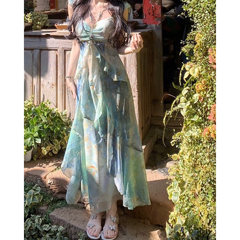 Women's Long Dress Maxi Dress Print Dress Modern Vacation Holiday Tea Party Regular Fit Flower Sleeveless V Neck Green Summer4